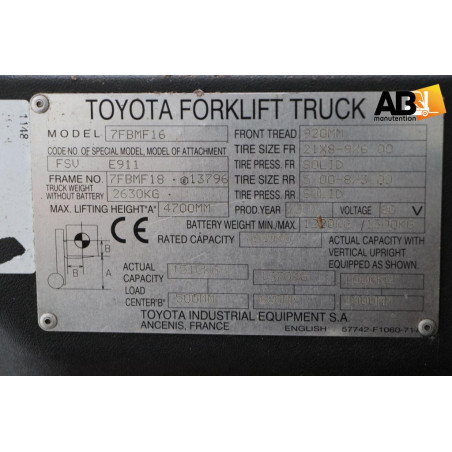 Chariot élévateur Electrique 1600kg Toyota 7-FBMF-16