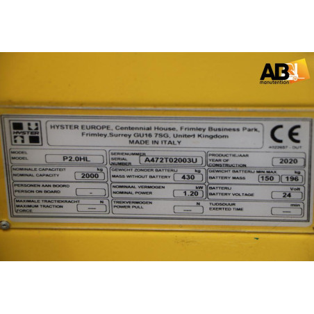 Transpalette Electrique 2000kg Hyster P2.0-HL