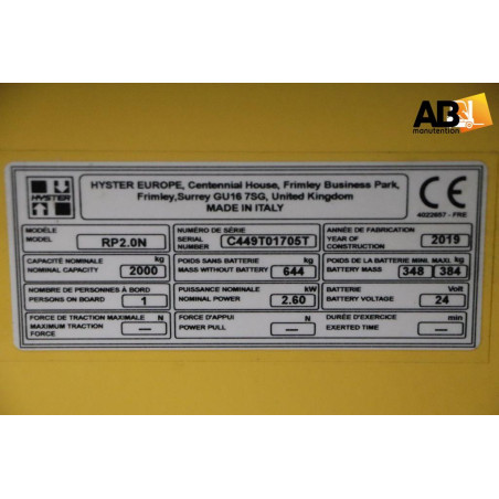 Transpalette Electrique 2000kg Hyster RP2.0-N